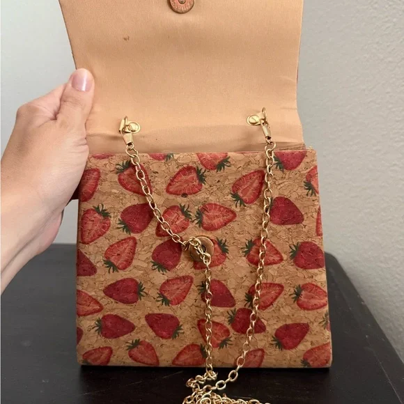 Strawberry Print Handbag with Gold Handle - Picture 4 of 9